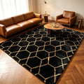 Area Rugs for Living Room, 5x8 Fluffy Black and Gold Bedroom Geometric Rug | by ONASAR