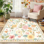 RELEANY Floral Washable Square 4ft Area Rug Beige/White/Orange | Flower Carpet - Image 2