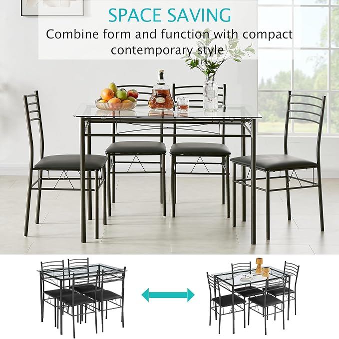 VECELO Dining Table Set for 4, 5-Piece Glass Kitchen Table - Image 5