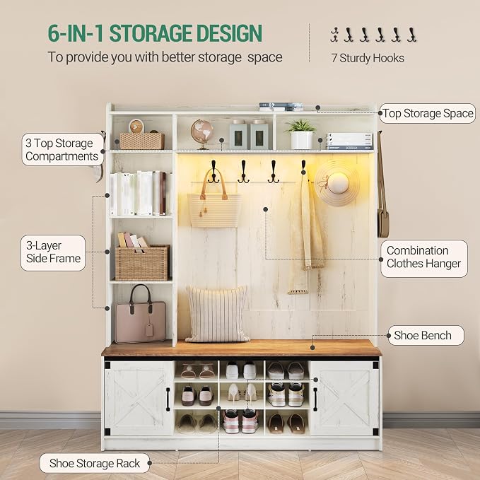 Hzuaneri 59.8" Hall Tree, LED Farmhouse Entryway Storage and Coat Rack Wood - Image 5