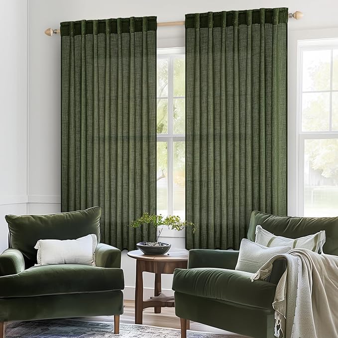 MIULEE Olive Green Linen Curtains 52x54 Inch Length 2 Panels - Image 2