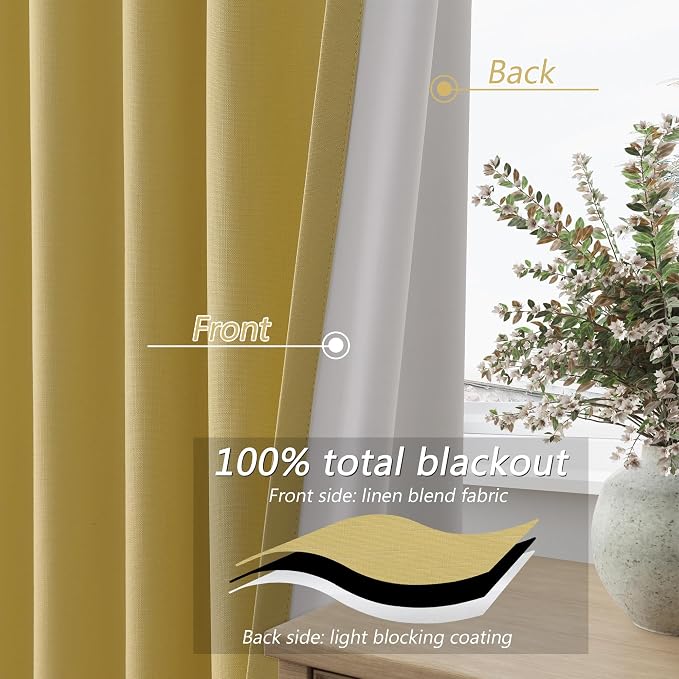 Yellow 100% Blackout Linen Curtains 90 Inch Length 2 Panels Set - Image 3