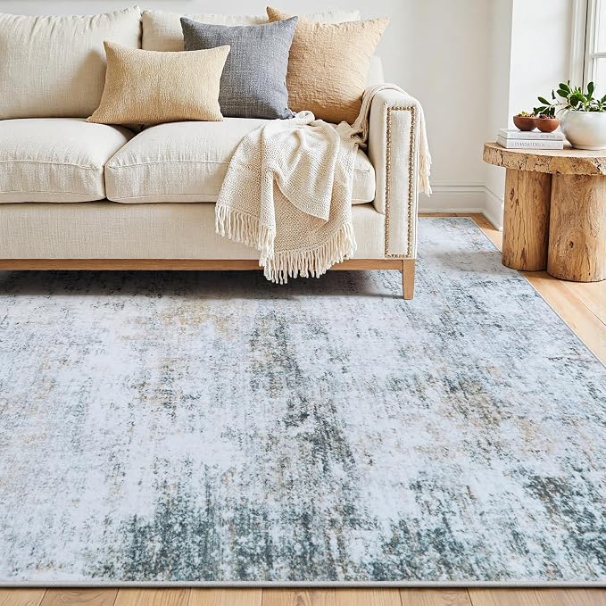 9x12 Washable Area Rug for Living Room Bedroom: Non-Slip Modern Blue Grey | - Image 8