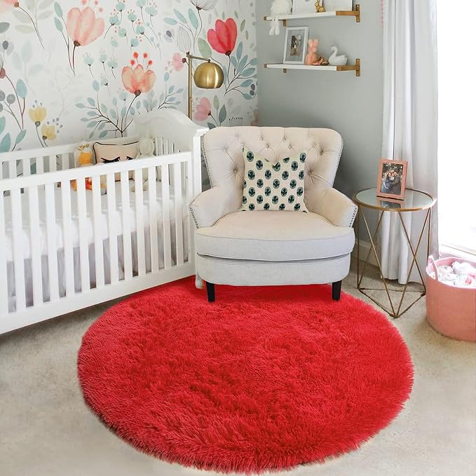 Amdrebio Red Furry Round Circle Area Rug 4Ft - Image 8