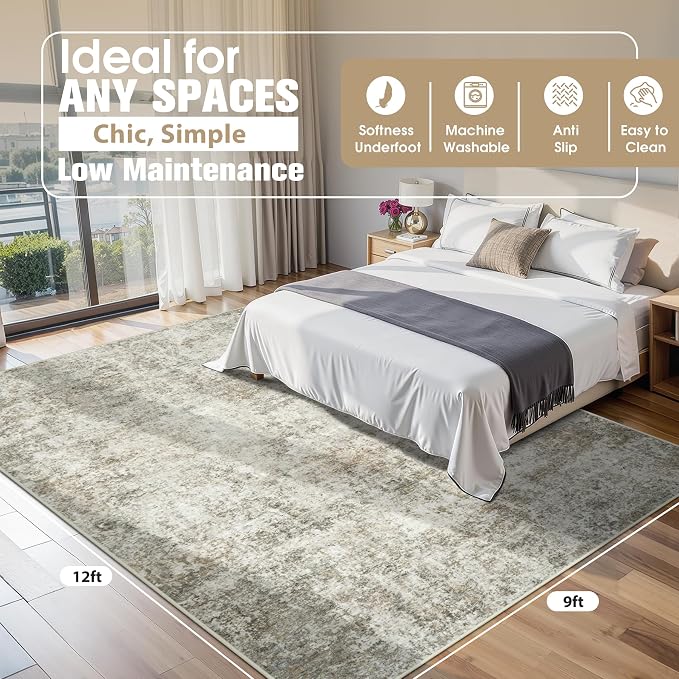 9x12 Area Rugs for Living Room Washable Bedroom Dining Room Beige Brown | - Image 2