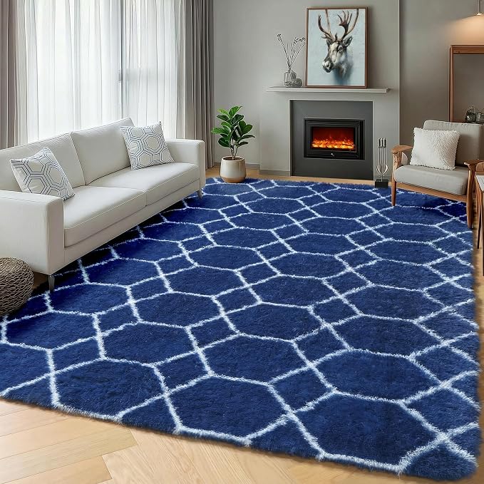 Area Rugs for Living Room, 5x8 Fluffy Navy and White Bedroom Geometric Rug | by ONASAR
