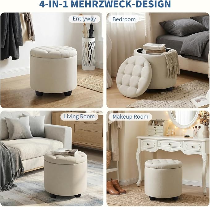 Furniliving Modern Round Storage Ottoman, Button Tufted Ottoman Foot Stools - Image 4