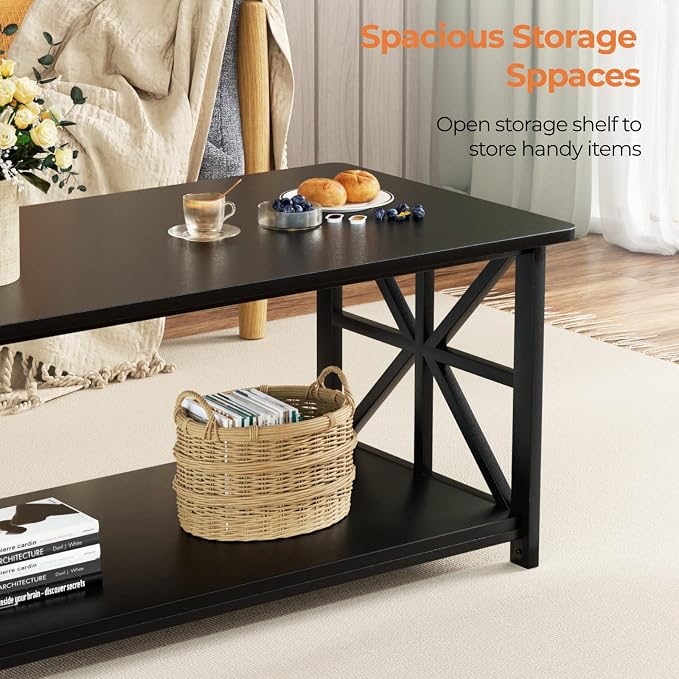 GreenForest Coffee Table with Round Corner, Farmhouse Center Table with 2-Tier - Image 6