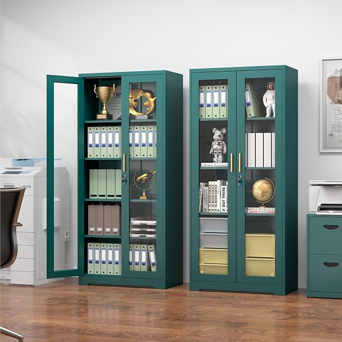 Polup Curio Cabinets with Glass Doors, Tall Bookcase with Adjustable Shelves - Image 2