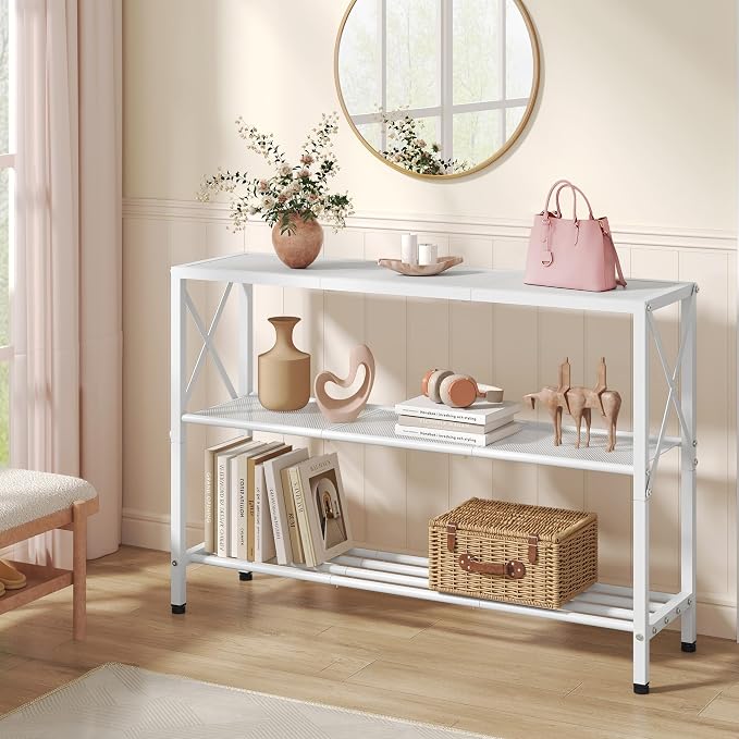 Hoctieon White Industrial Console Table, 3 Tier Entryway Tables, Hallway Desk - Image 3