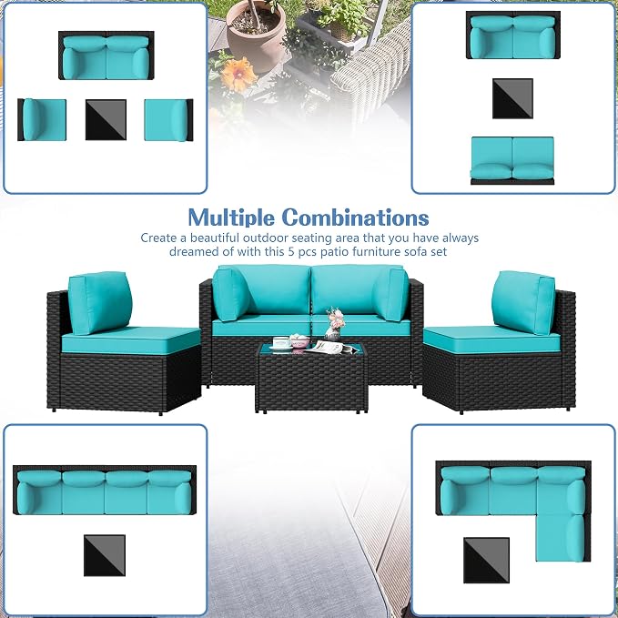 Patio Furniture Sets, 5 Piece Outdoor Sectional Sofas, Wicker Rattan Outdoor - Image 6