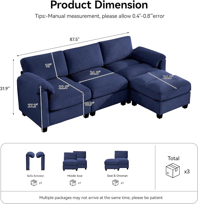 87.5'' L Shaped Modular Sectional Sofa, 3 Seater Cloud Couch - Image 2