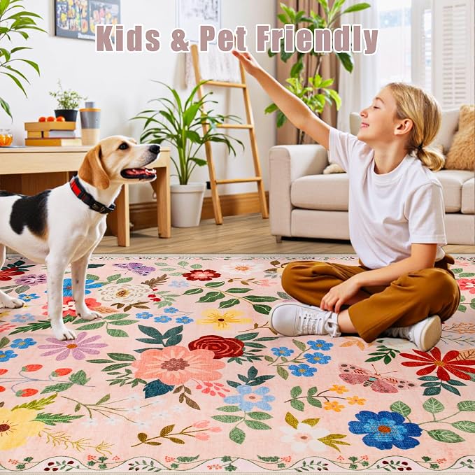 PLHXFR Area Rug 10x14 Living Room: Floral Washable Boho Soft Carpet Beige | - Image 7