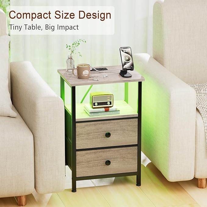 LOAKEKEL Night Stand with Charging Station and LED, Bedside Table with USB - Image 4
