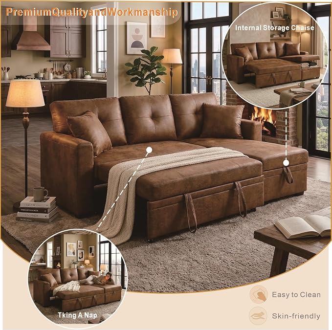 L Shaped Sectional Couch with Storage and Pull Out Bed, 3 Seater Sleeper Sofas - Image 6