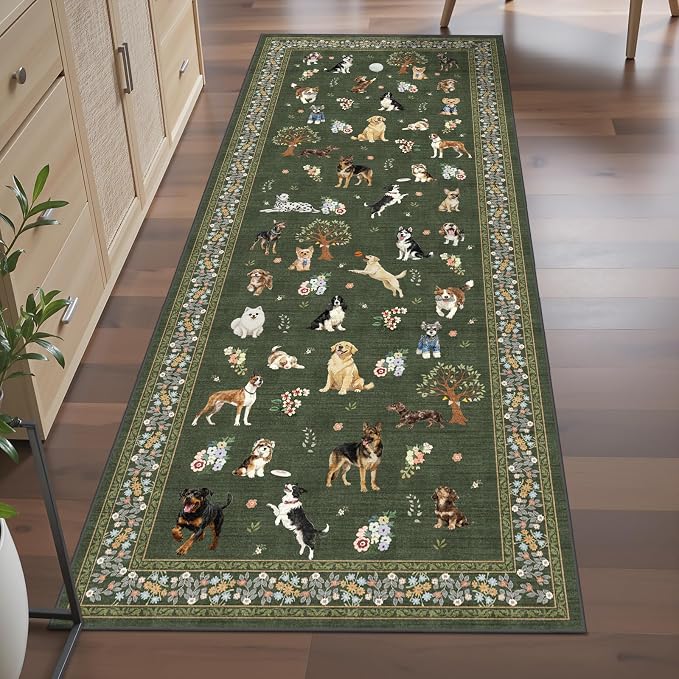 Dark Green Floral Hallway Runner Rug 2x8 - Image 3