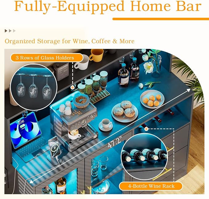 Home Bar Cabinet with Adjustable RGB LED Light, Wine & Coffee Storage with Rack - Image 3