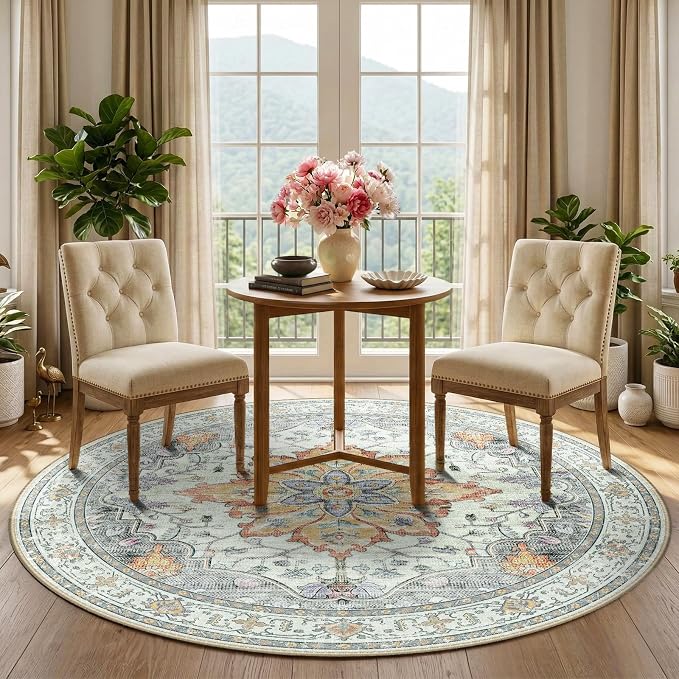 RELEANY Area Rugs Round 5ft Washable Non-Slip, Floral Vintage Distress Print - Image 2