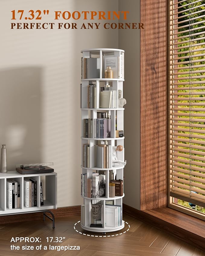 6-Tier Solid Wood Rotating Bookshelf on Wheels, 360° Spinning Book Shelf Tower - Image 6