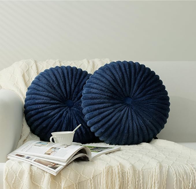 HIG Set of 2 Navy Flannel Decorative Round Pleated Throw Pillows | Vintage by HIG