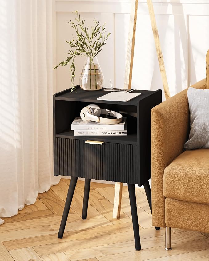 JOONEE Black Nightstand with Outlet, Modern Bedside Table with Storage Drawer - Image 7