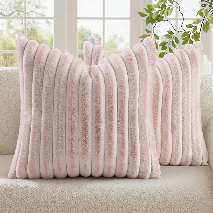 decorUhome Fall Faux Fur Throw Pillow Covers 26x26 Set of 2 Pink White | by decorUhome