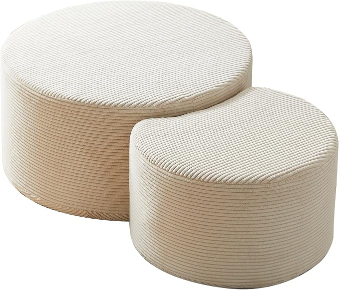 Modern Nesting Coffee Table Set of 2 in Beige, Upholstered Round Living Room - Image 7
