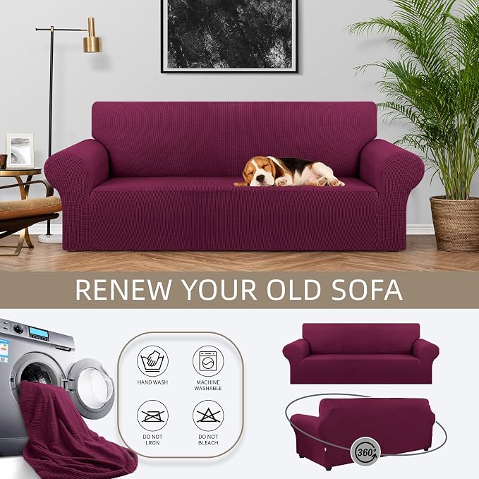 Stretch Couch Covers for Sofa, 3 Cushion Couch Slipcover, Wine | 1-Piece - Image 3