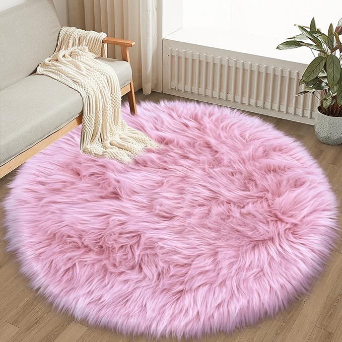 Pink 5'X5' High Pile Shag Rug, Fluffy Round Rug - Image 4