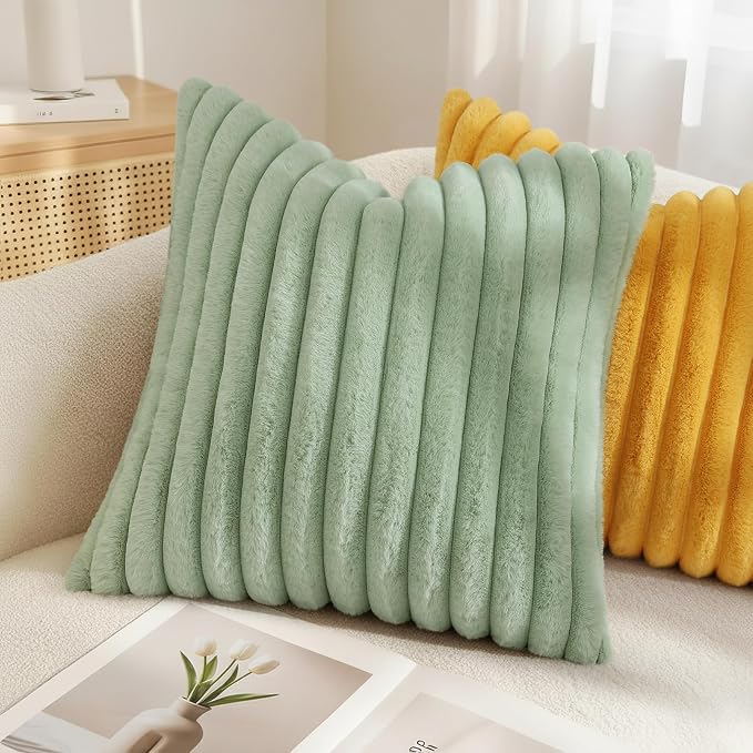 decorUhome Fall Faux Fur Throw Pillow Covers 24x24 Set of 2 Sage Green | - Image 4
