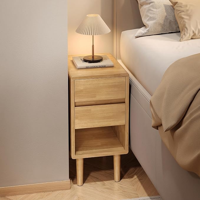 Nightstand 2 Drawers with Open Shelf Narrow Night Stand Solid Wood Bedside - Image 7
