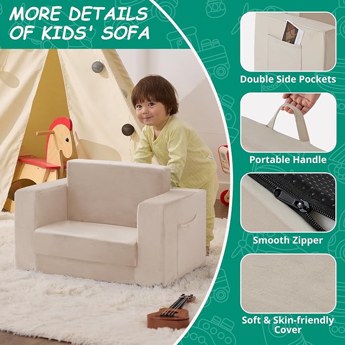 Kids Couch, 2-in-1 Toddler Chair Comfy 1-3 Years, Convertible Kids Chair - Image 4