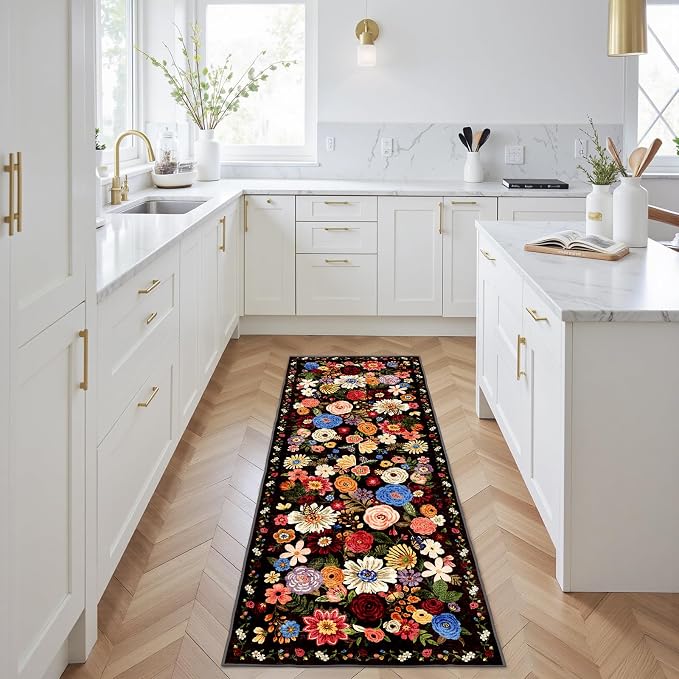 Black Brown Floral Hallway Runner Rug 3x7 - Image 4