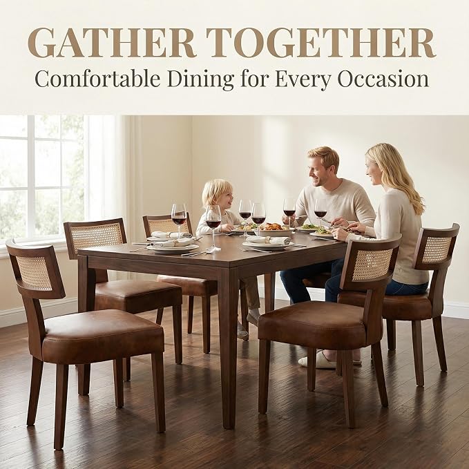 HNY Mid Century Modern Rattan Dining Chairs Set of 4, Farmhouse PU Leather - Image 3