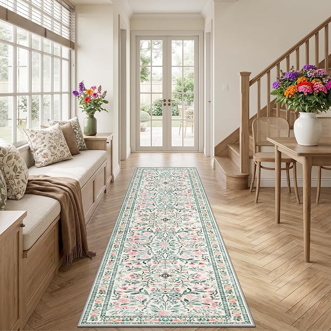 PLHXFR 3x10 Washable Runner Rug：Floral Indoor Kitchen Carpet Green Beige | - Image 3