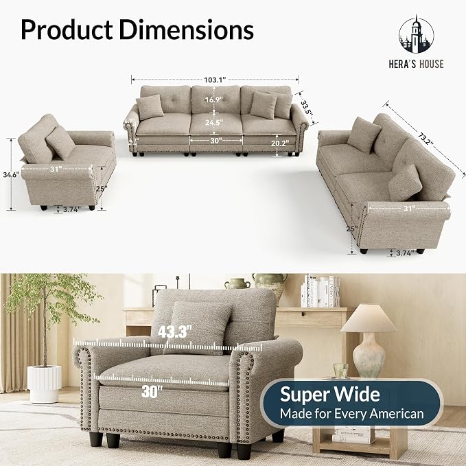 HERA'S HOUSE 3 Pieces Modular Sectional Sofa Sets, Oversized Couch Set - Image 9