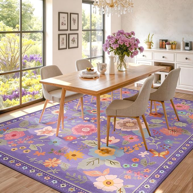 RELEANY Floral Washable 6x9 Area Rugs Purple/Pink | Flower Carpet Print Boho - Image 3