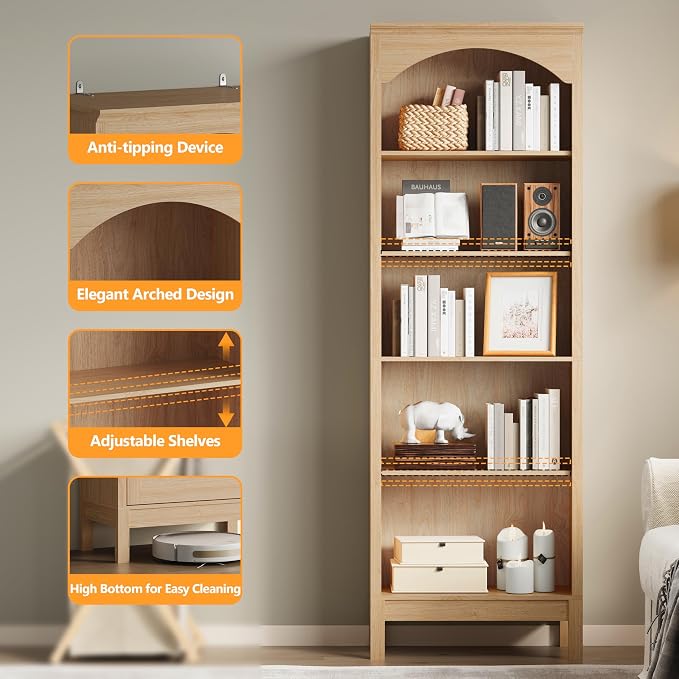 Arched Bookshelf with 5 Tier Open Shelves, Study and Living Room, Natural Oak - Image 5