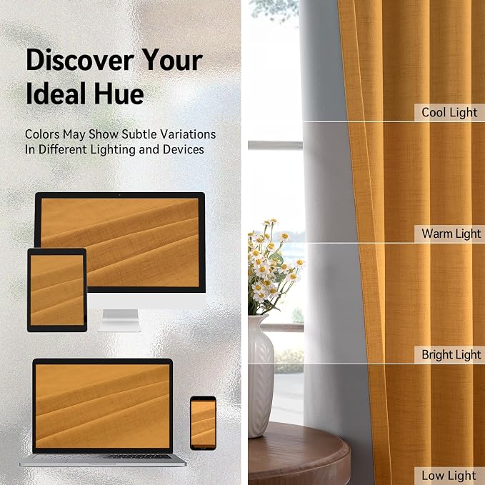 100% Blackout Linen Textured Curtains 90 Inch Long, Mustard Yellow | 100% - Image 7