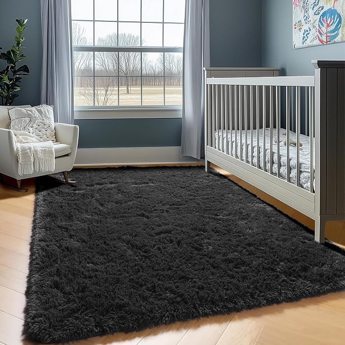 Black Area Rugs 9x12 Living Room, Large Fluffy Shag Bedroom Rug, Soft Plush - Image 6