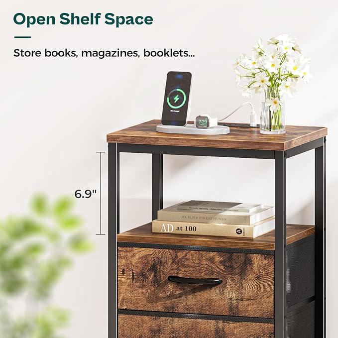 Huuger Nightstand with Charging Station, Fabric Drawers, End Table with Open - Image 7