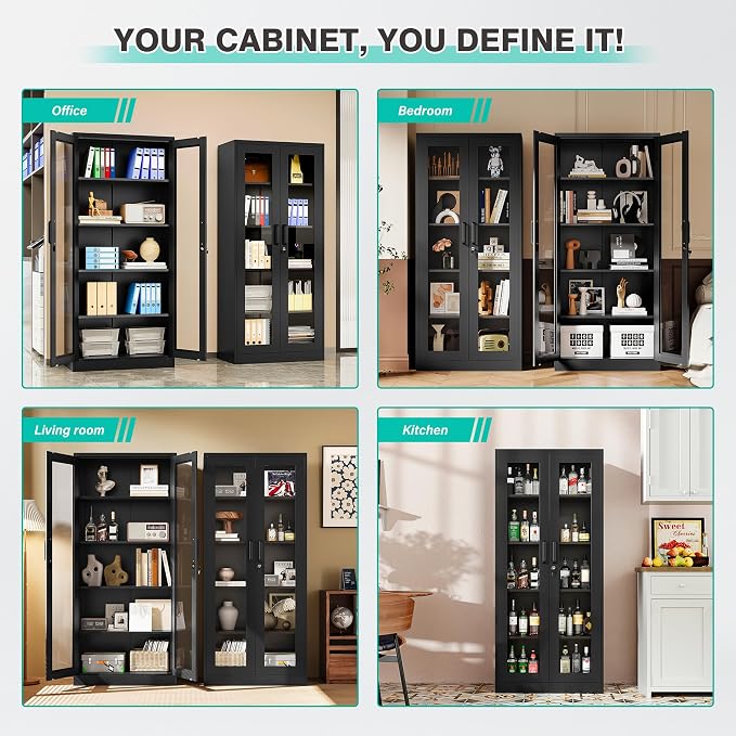 Metal Storage Cabinet with Lock and Glass Doors, Glass Display Cabinet - Image 4