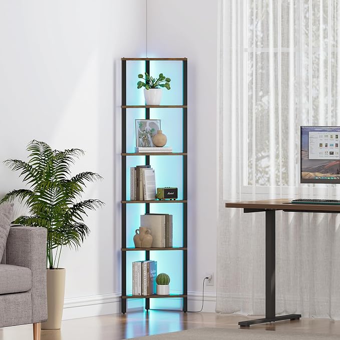 TUTOTAK Corner Shelf with LED Light, 6-Tier Corner Bookshelf - Image 8
