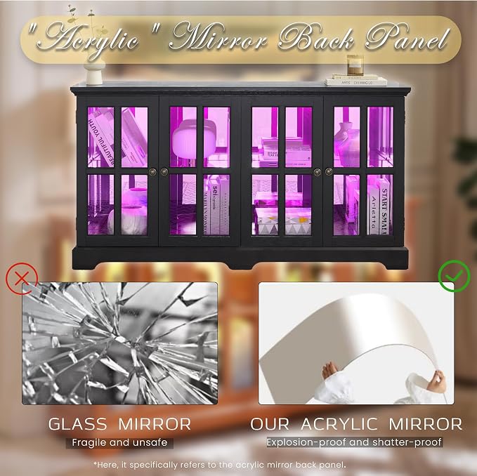 59" W LED Curio Cabinet with 7 Color Lights, Vintage Glass Display Case with - Image 5