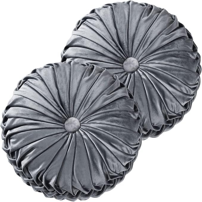 HIG Set of 2 Dark Gray Velvet Decorative Round Pleated Throw Pillows | Vintage by HIG