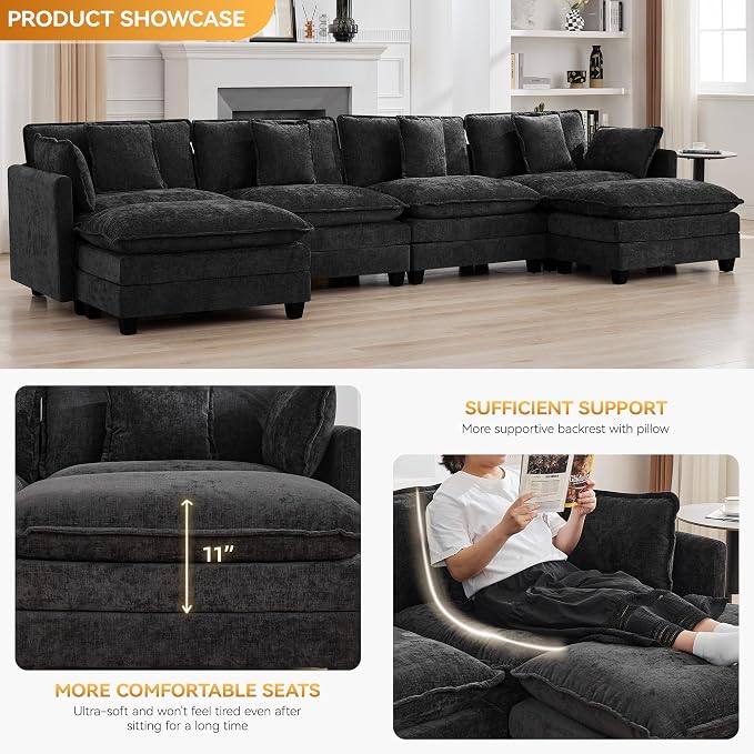 147'' Modualr Sectional Cloud Deep Seat Couch, Oversized Chenille U Shaped - Image 3