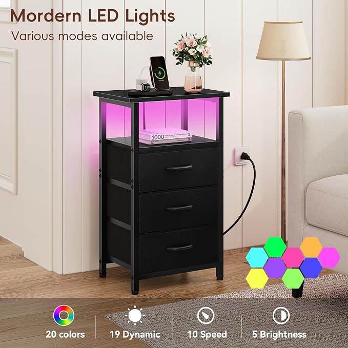 Vagusicc Night Stand with Charging Station, LED Nightstand - Image 5