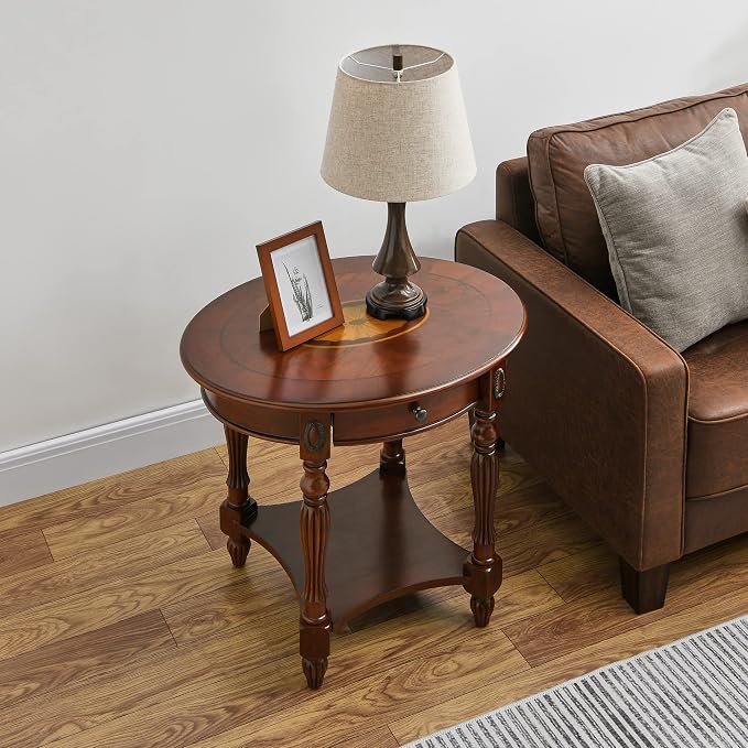 Solid Wood Oval End Table with Drawer and Storage Shelf, Traditional Vintage - Image 3