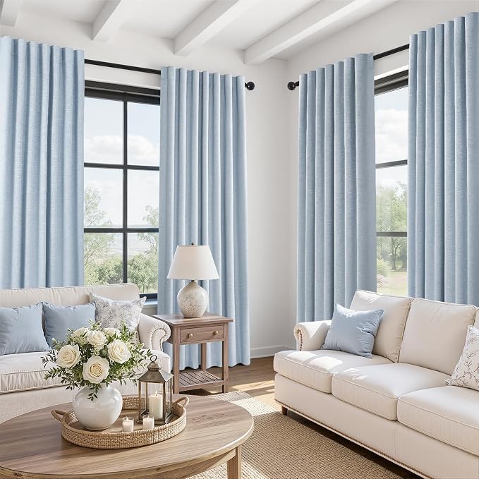 Topfinel Light Blue Linen Blackout Pleated 105 Inch Curtains by Topfinel
