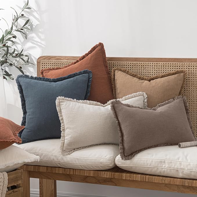 MIULEE Linen Fringe Decorative Fall Euro Pillow Covers Malt Ball 22x22 | Set of - Image 7